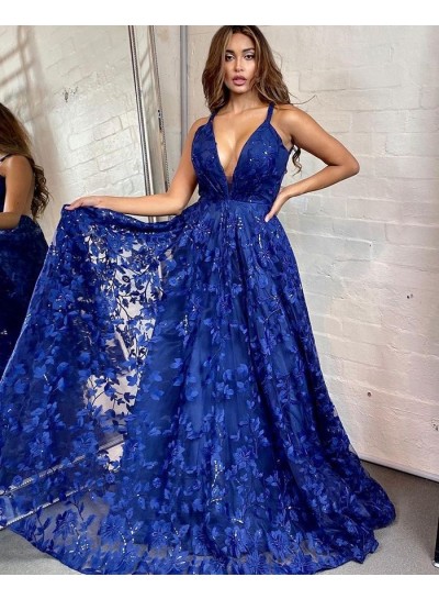 Lace Royal Blue Sweetheart Long Sweetheart A Line Prom Dresses