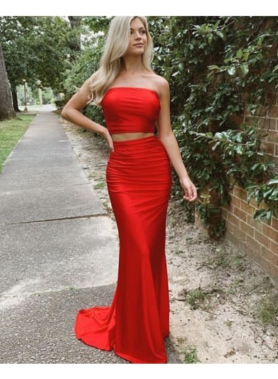 Red Two Pieces Sheath Long Strapless Prom Dresses