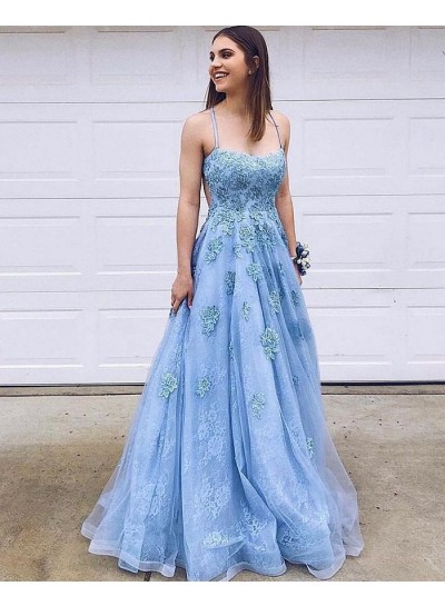 Long A Line Blue Sweetheart Tulle Lace Prom Dresses