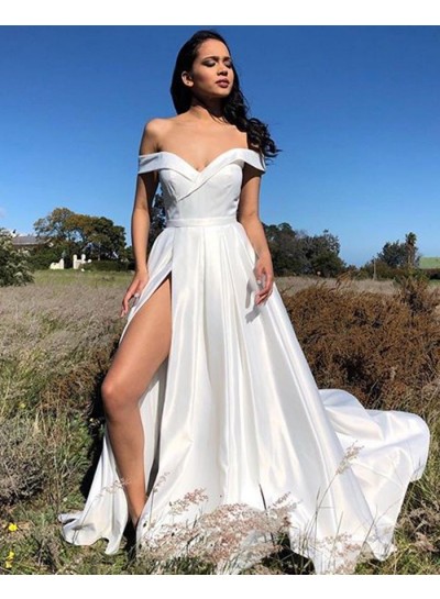 White Sweetheart A Line Side Slit Long Off Shoulder Prom Dresses