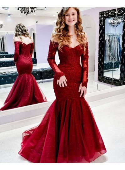 Burgundy Long Sleeves Mermaid Sweetheart Lace Off Shoulder Prom Dresses