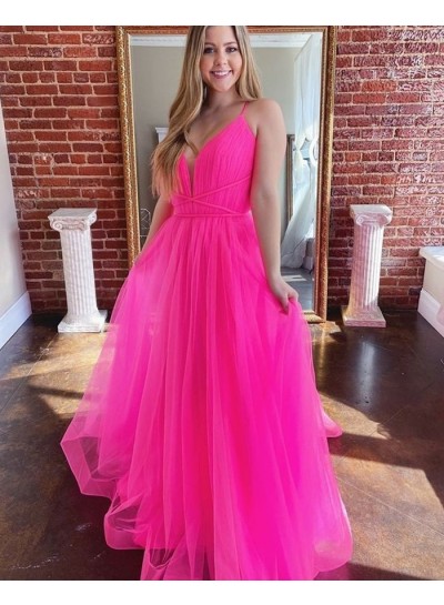 A Line Pink Beaded Long Sweetheart Tulle Prom Dresses