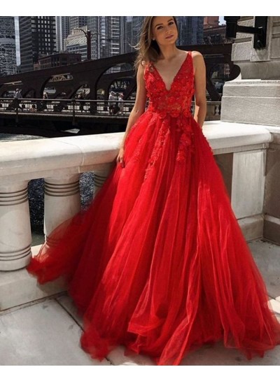 Red A Line Tulle With Appliques V Neck Long Prom Dresses