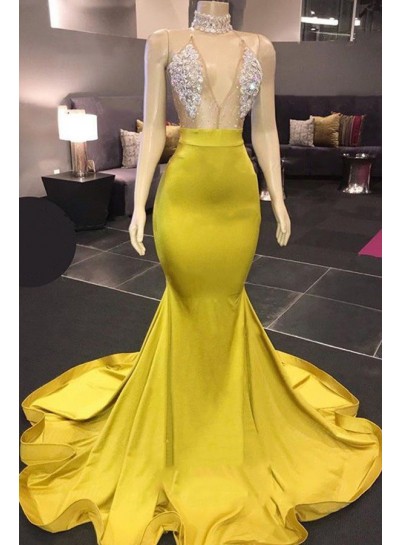 Backless Yellow Satin Long V Neck Prom Dresses