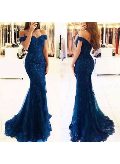 Long Navy Blue Tulle With Appliques Off Shoulder Sweetheart Prom Dresses