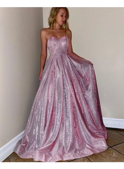 Sequence A Line Pink Long Sweetheart Prom Dresses