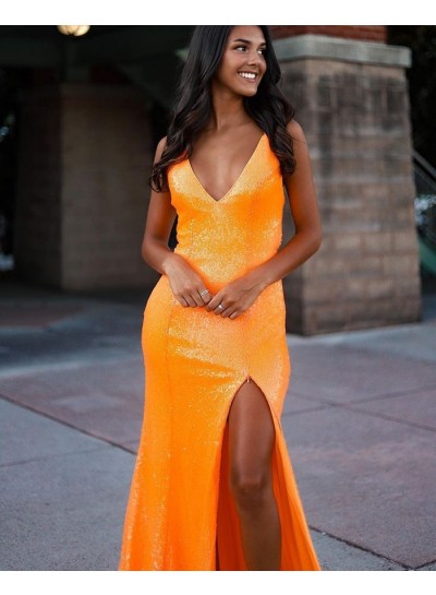 V Neck Side Slit Sequence Sheath Lace Up Backless Orange Prom Dresses