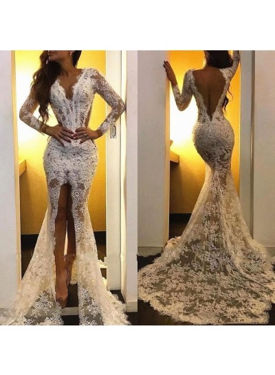 White Lace Front Slit Long Sleeves Backless Long Sheath Prom Dresses