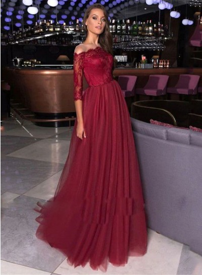 Lace A Line Burgundy Tulle Long Long Sleeves Off Shoulder Prom Dresses