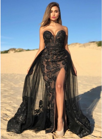 Lace Long Sheath Side Slit Tulle Black Sweetheart Prom Dresses
