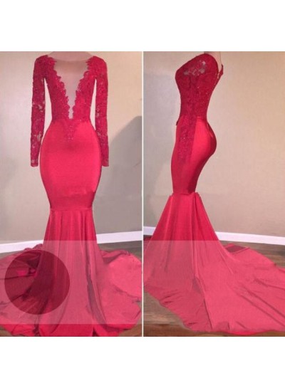 Long Red Lace Open Front Long Sleeves Mermaid Prom Dresses