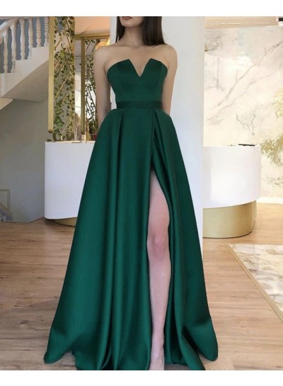 Dark Green Side Slit Long V Neck Strapless A Line Satin Prom Dresses