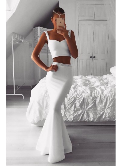 White Satin Beaded Two Pieces Long Mermaid Prom Dresses