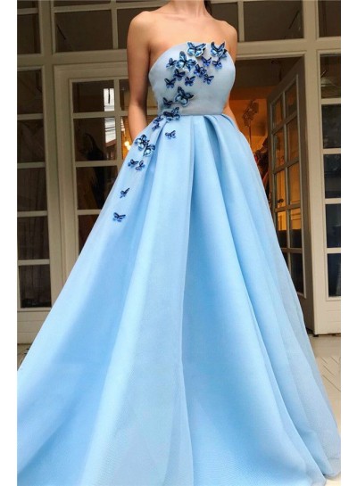 Organza A Line Patterns Long Blue Strapless Prom Dresses