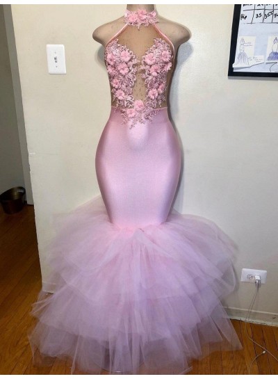 Backless Halter Tulle Pink Floral Long Mermaid Prom Dresses