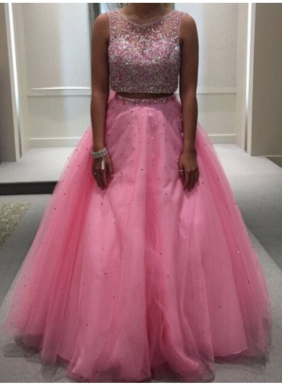 Beading Ball Gown Tulle Two Pieces 2022 Glamorous Pink Prom Dresses
