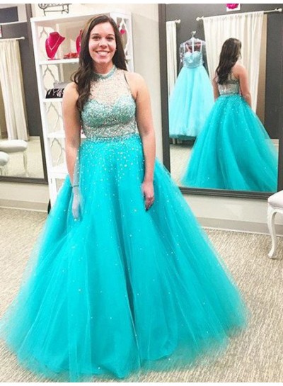 rebe gown 2022 Blue Beading High Neck Ball Gown Tulle Prom Dresses