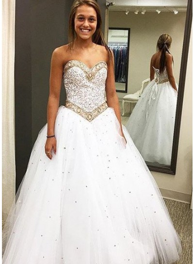 2022 Unique White Prom Dresses Sweetheart Beading Lace Up A-Line Tulle