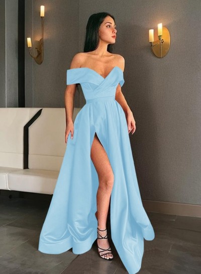 A-Line/Princess Off the Shoulder Silk like Satin 2024 Floor-Length Prom Dresses