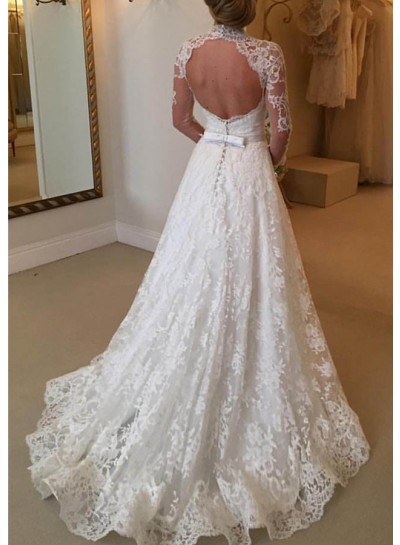 Lace Court Train A-Line Long Sleeve Sweetheart Covered Button Wedding Dresses / Gowns With Appliqued Waistband