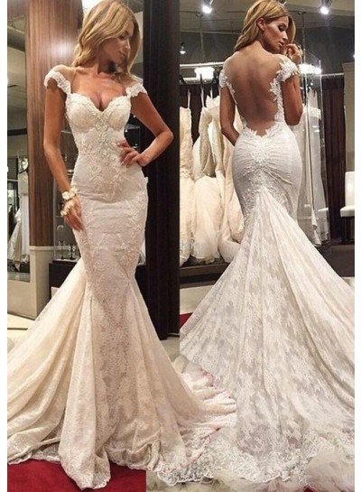 Lace Watteau Train Trumpet/Mermaid  Sleeveless Off-The-Shoulder Zipper Wedding Dresses / Gowns With Appliqued
