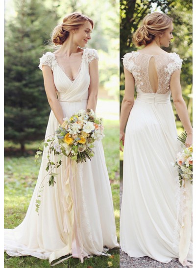 Chiffon Sweep Train A-Line Sleeveless V-Neck Covered Button Wedding Dresses / Gowns With Flowers