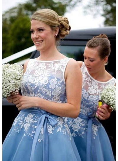 Chiffon Bridesmaid Dresses / Gowns A-Line Bateau Tea-Length With Appliqued