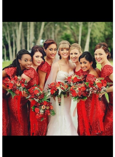 Sequined Bridesmaid Dresses / Gowns Sheath/Column Bateau Sweep Train With Sequins