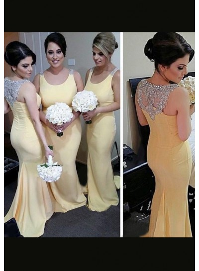 Chiffon Bridesmaid Dresses / Gowns Sheath/Column Scoop Neck Sweep Train With Beaded