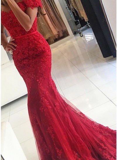 2022 Gorgeous Red Sexy Appliques Mermaid Tulle Prom Dresses