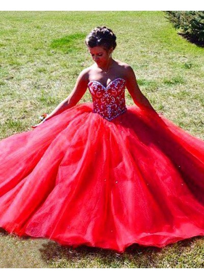 2022 Gorgeous Red Beading Sweetheart Ball Gown Tulle Prom Dresses