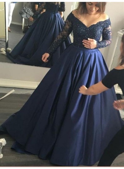 2022 Junoesque Navy Blue Ball Gown Satin Prom Dresses