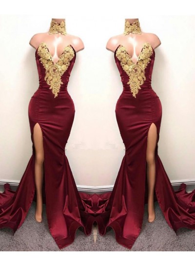 2022 Charming Red V-neck Sexy Satin Prom Dresses
