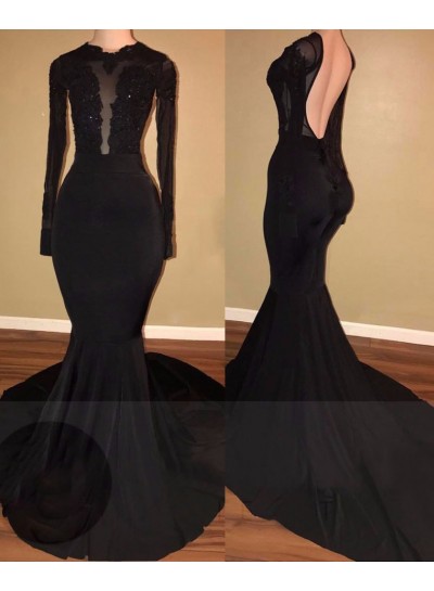 2024 Unique Black Long Sleeves Mermaid  Backless Prom Dresses