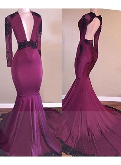2024 Fuchsia Deep V Long Sleeves Mermaid  Prom Dresses