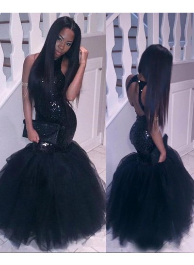 2024 Halter Backless Black Mermaid  Sequins Prom Dresses 