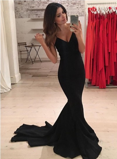 2022 Black Spaghetti Straps Mermaid  Prom Dresses