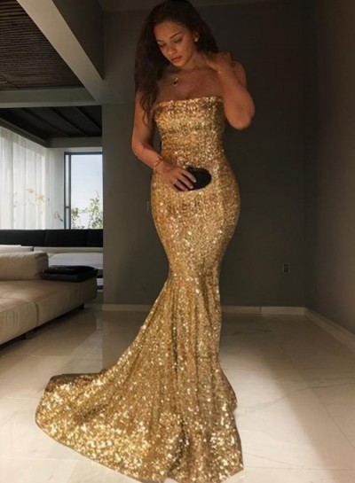 2024 Gorgeous Gold Sequins Mermaid  Prom Dresses