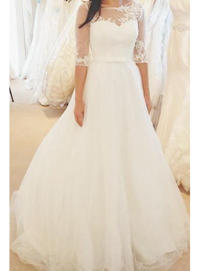 2022 Elegant A Line Half Sleeves Tulle Wedding Dresses