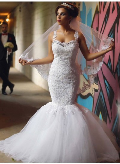 2022 Sexy Mermaid  Sweetheart Tulle With Appliques Beaded Wedding Dresses