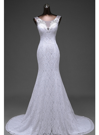 2024 Mermaid  White Scoop Lace Wedding Dresses