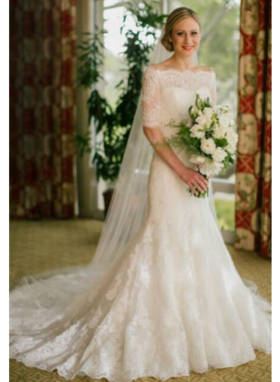 Elegant Lace Off The Shoulder Half Sleeves Sheath Wedding Dresses 2022