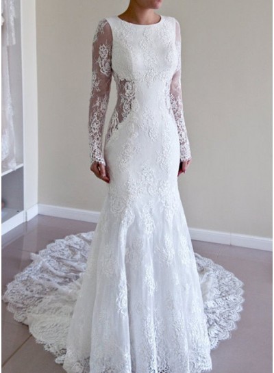 Backless Sheath Long Sleeves Scoop Lace 2024 Wedding Dresses