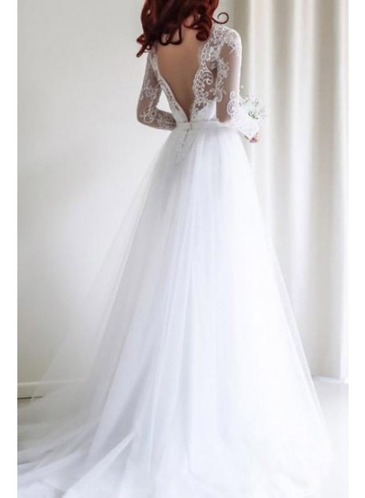Cheap A Line Tulle Backless Long Sleeves 2022 Wedding Dresses