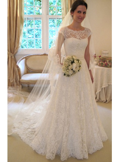 Elegant A Line Lace Long Train 2024 Wedding Dresses