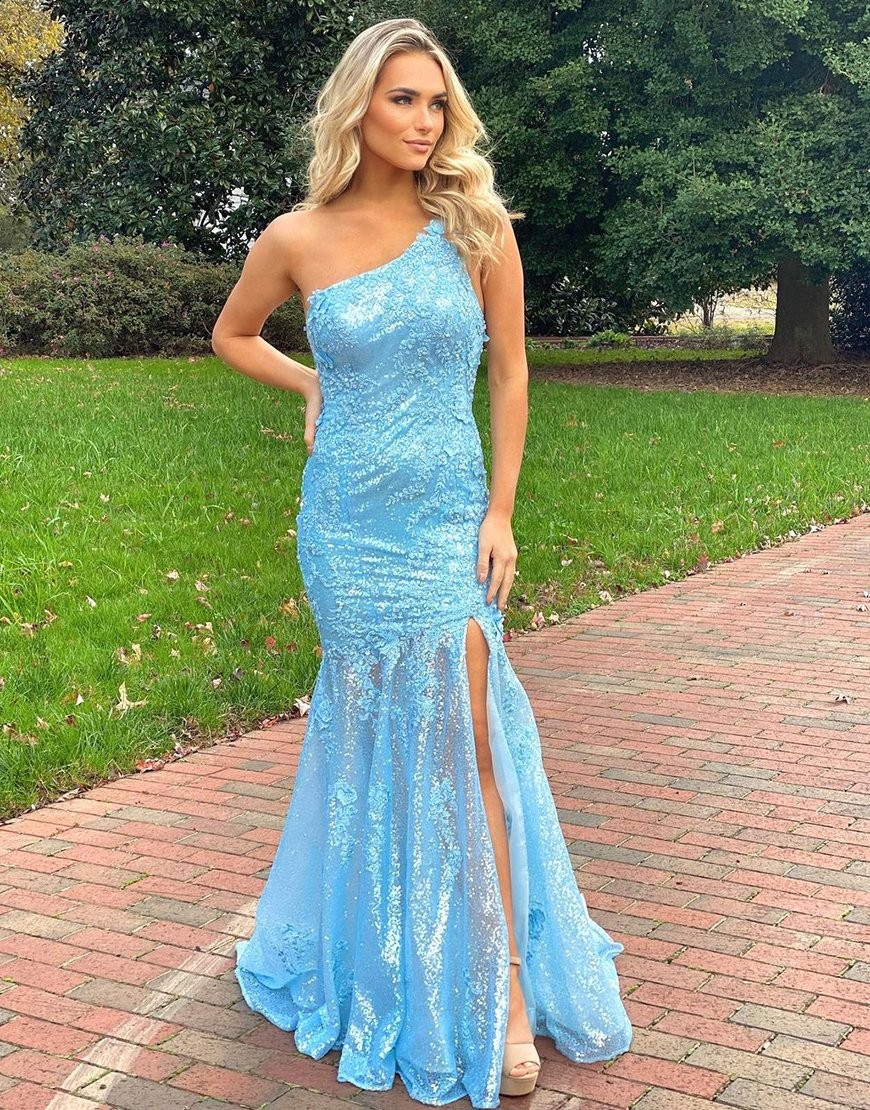 2024 Prom Dresses One Shoulder Blue Sequence Sheath Long
