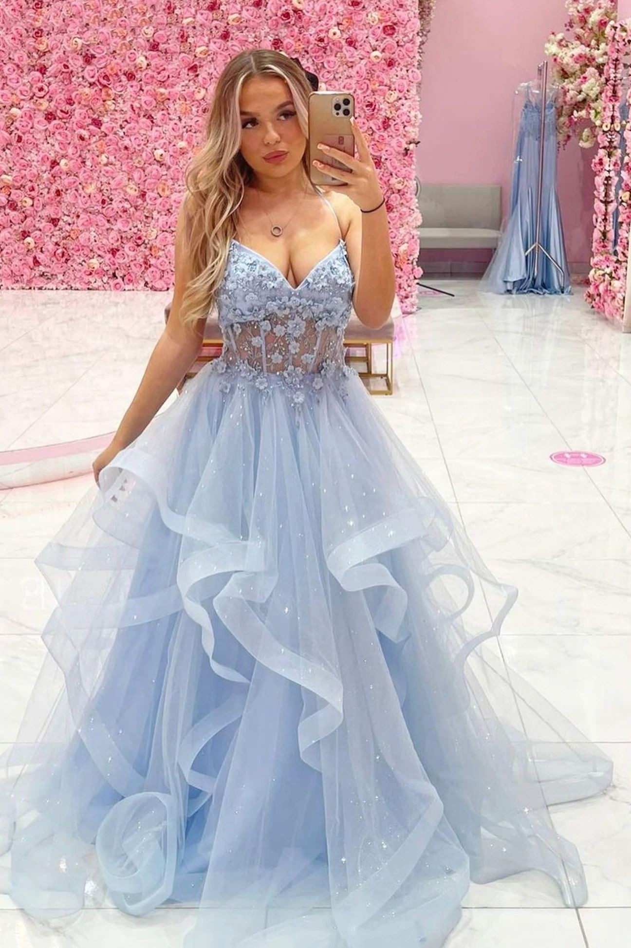 2024 A Line Light Sky Blue Tulle Sweetheart Long Prom Dresses