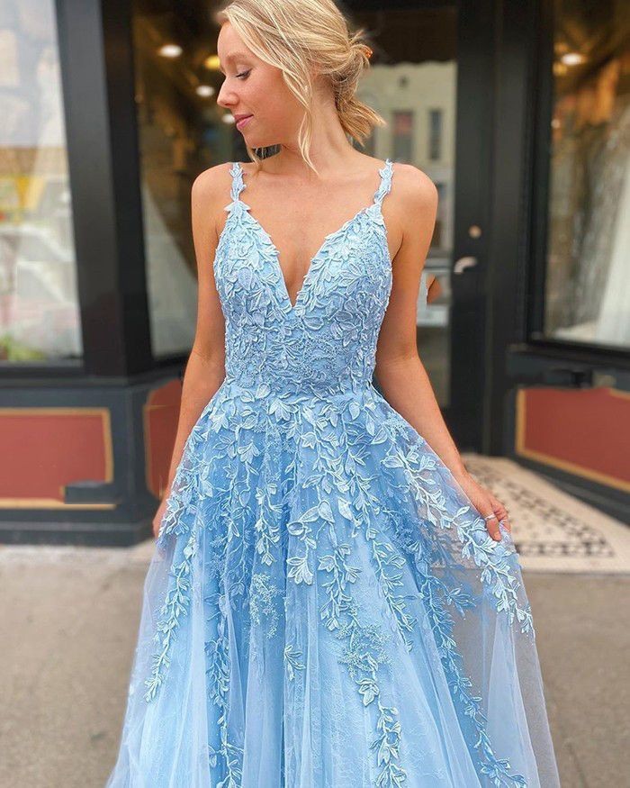 Sweetheart A Line Blue Tulle With Appliques Prom Dresses