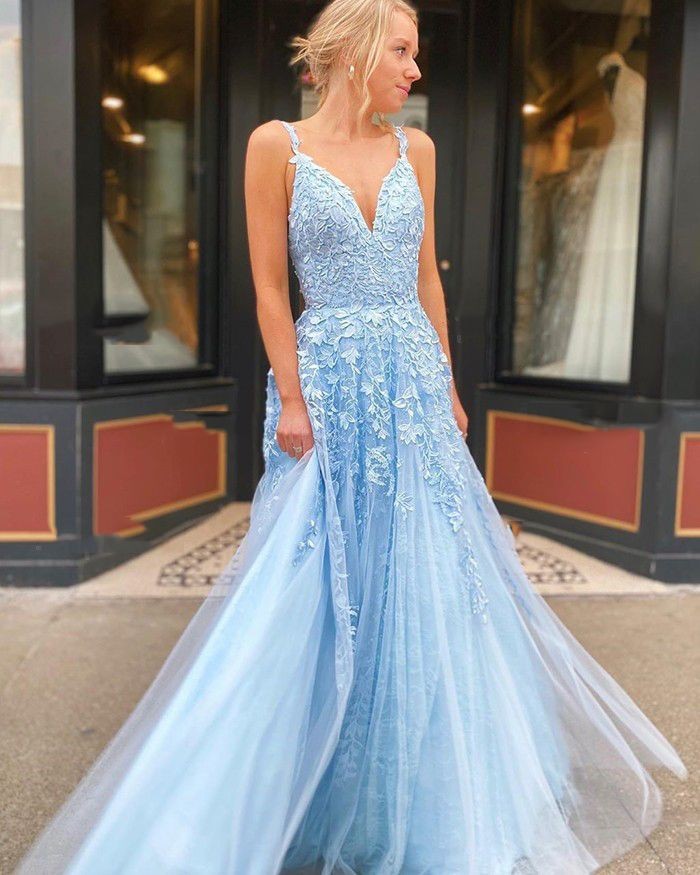 Sweetheart A Line Blue Tulle With Appliques Prom Dresses
