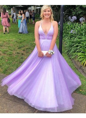 2022 Prom Dresses A-Line Tulle Lilac Halter Long Dress
